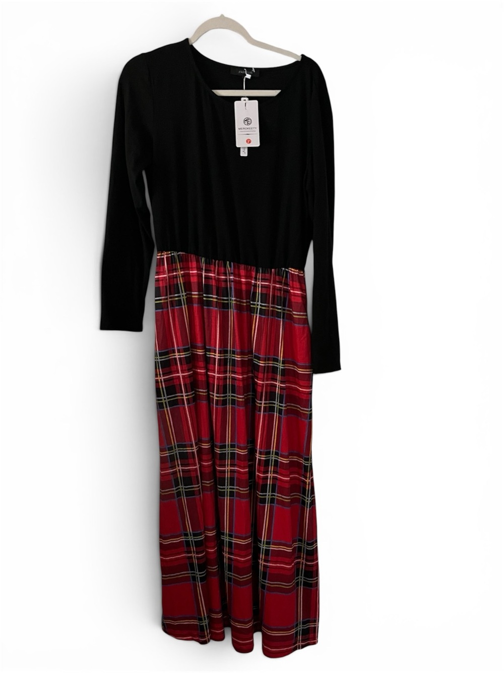 NWT Merokeety SzL Black & Red Plaid Long Sleeve Maxi Dress